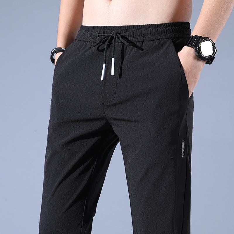 Men's Sports Casual Trousers Ice-Silk Summer Lightweight Style Trendy Versatile Straight-Leg Elastic Waist Loose-Fit Solid Colour Trousers
