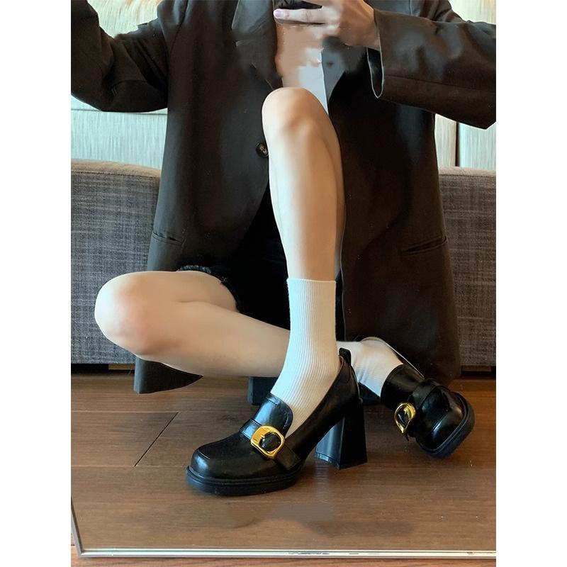 Lan Cabinet 2025 New Retro Square Head Thick Heel One Pedal Loafers High Heel Small Leather Shoes Women's British Style Shoes