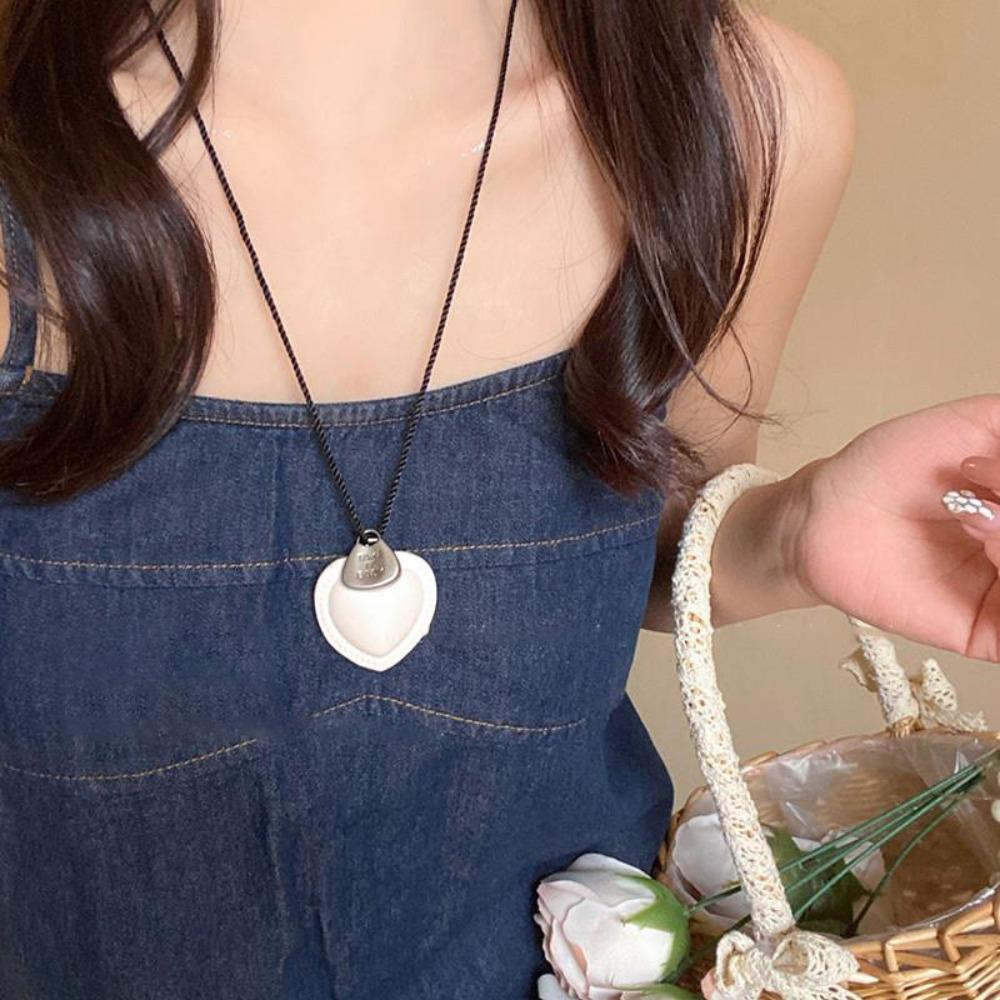 Hanging Neck Long Leather Necklace Love Heart Korean Sweater Chain  Women