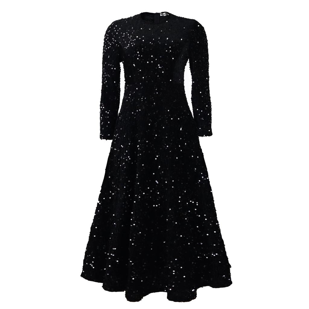 IHUASU Spring Autumn Women's Round Neck Long Sleeve Solid Color Sequin High Waist Style Long High Waist Dress