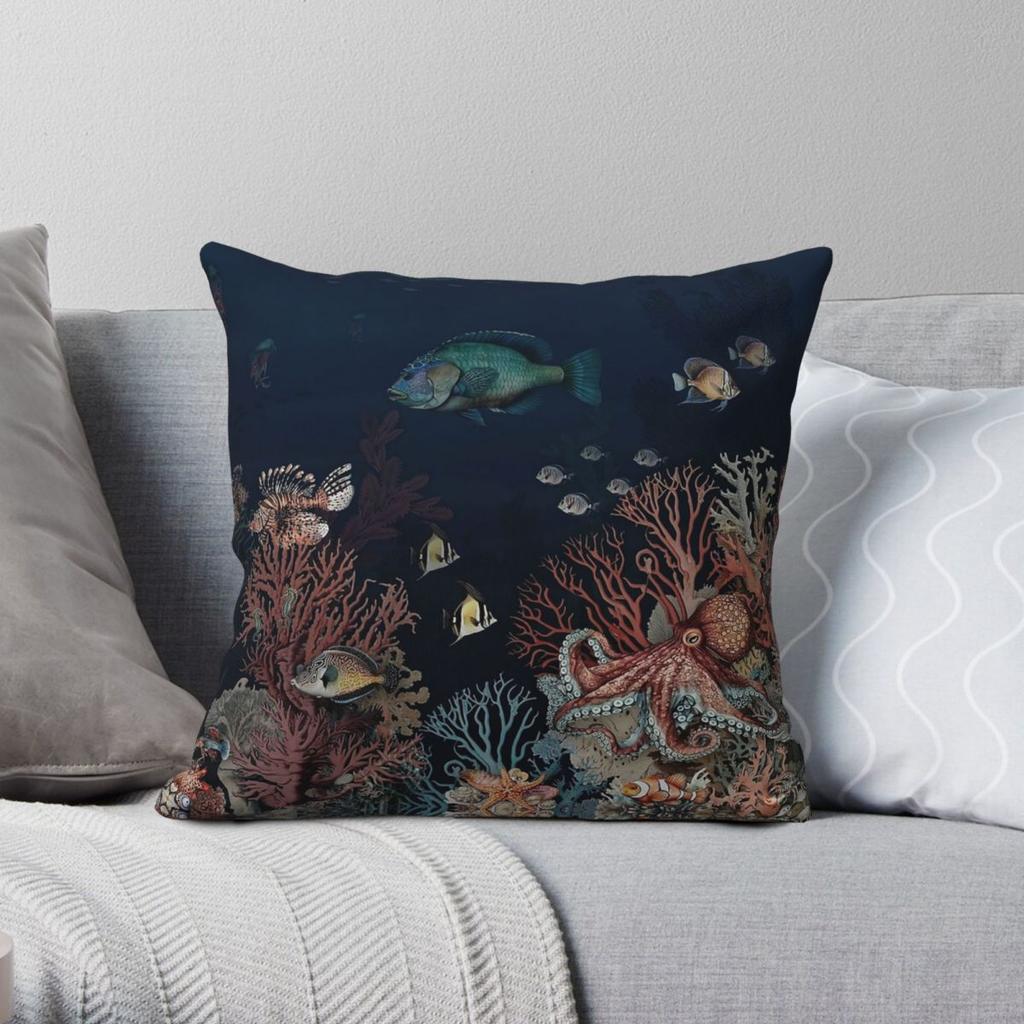 Deep Sea Coral Reefs Fish Square Pillowcase Polyester Linen Velvet Pattern Zip Decorative Home Cushion Cover