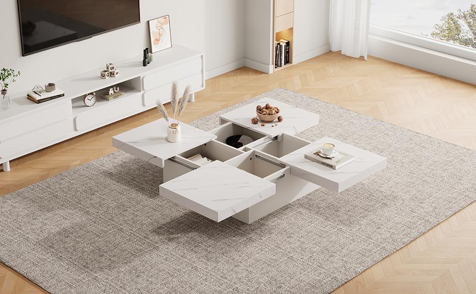 Table Basse Carrée Blanche Moderne Aspect Marbre, 90 x 90 x 25 cm – Quatre Tiroirs, Plateau Coulissant, Capacité de Charge jusqu'à 30 kg
