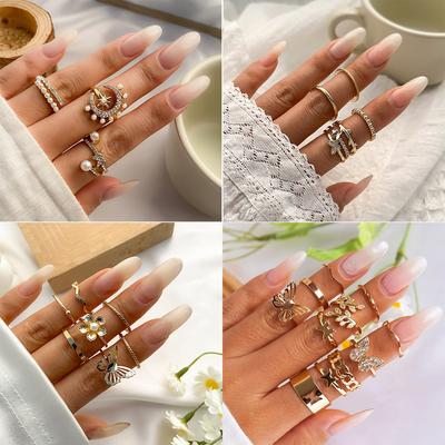 Temperament Full Of Diamonds, Small Butterfly Star And Moon Set Ring, Personalized Stacking Of Geometric Ring Jewelry