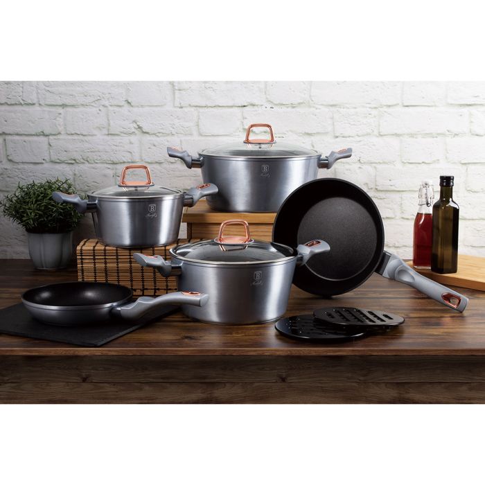 Batterie De Cuisine À Induction 10 Pièces Aluminium Antiadhésif Sans PFOA Berlinger Haus Moonlight Gris 97918