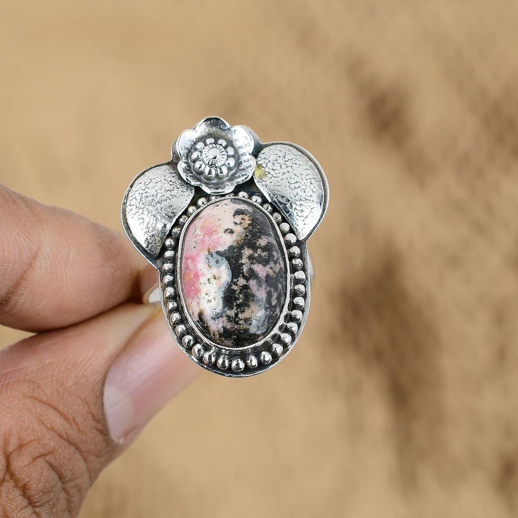 Sterling Silver Rhodonite Gemstone Sister Ethnic Flower Heart Chakra Unique Ring
