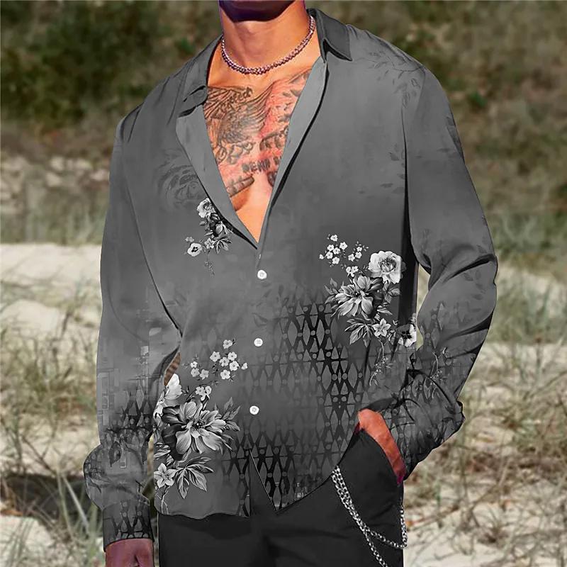 Fashion Shirt Lapel Casual Men's Graffiti Ink Painting Flower Butterfly Outdoor Retro High Quality Material Top Plus Size