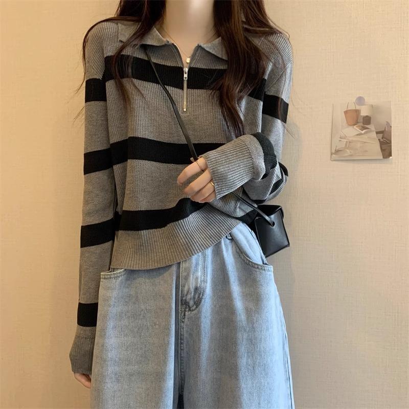 Bottom Shirt Autumn Winter Loose Polo Collar Striped Sweater New Design Zipper Short Top for Women