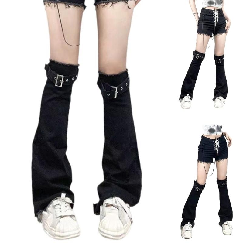 Damen Used Look Schwarze Jeans Beinwärmer mit Ösenriemen Y2K Punk Schlag Über Knie Socken Beinabdeckung Ärmel Streetwear