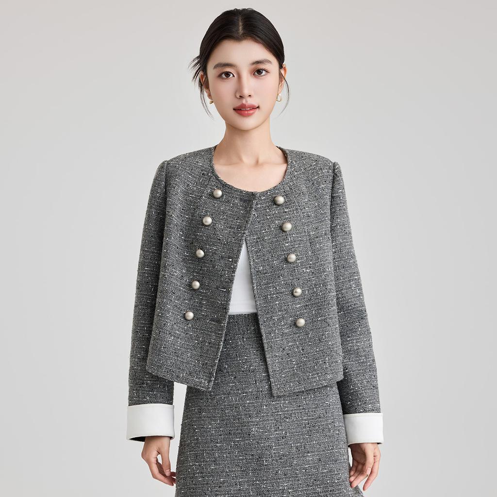 Xiaoxiangfeng coarse woolen elegant short jacket for women in the spring of 2025, with a high-end and casual feel