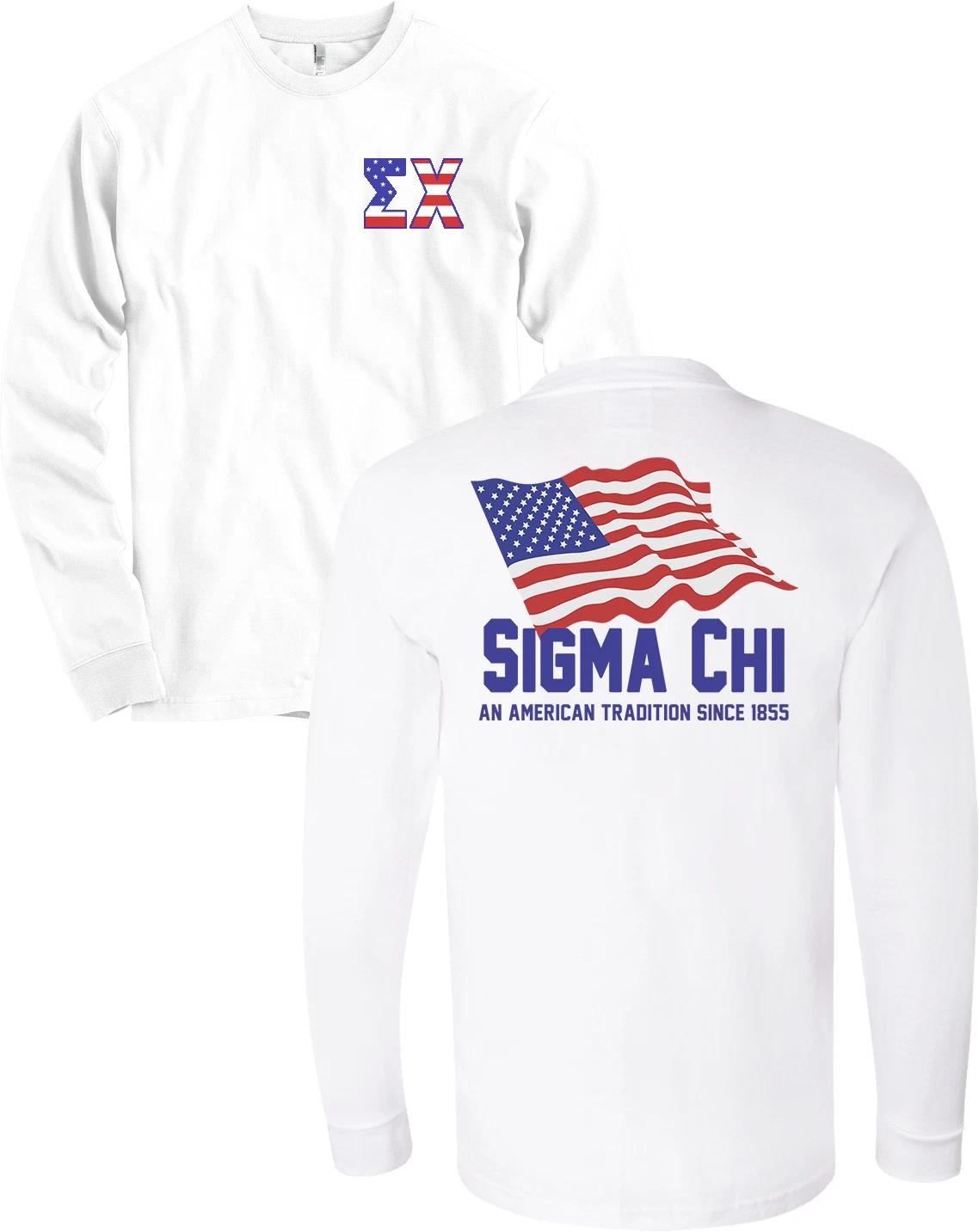 Sigma Chi Fraternity Bella + Canvas Long Sleeve Shirt USA Flag - MORE COLORS 2XL