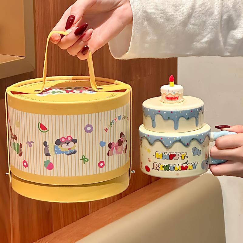 ins cute cake ceramic mug with lid girl high-end drinking cup birthday gift souvenir gift box