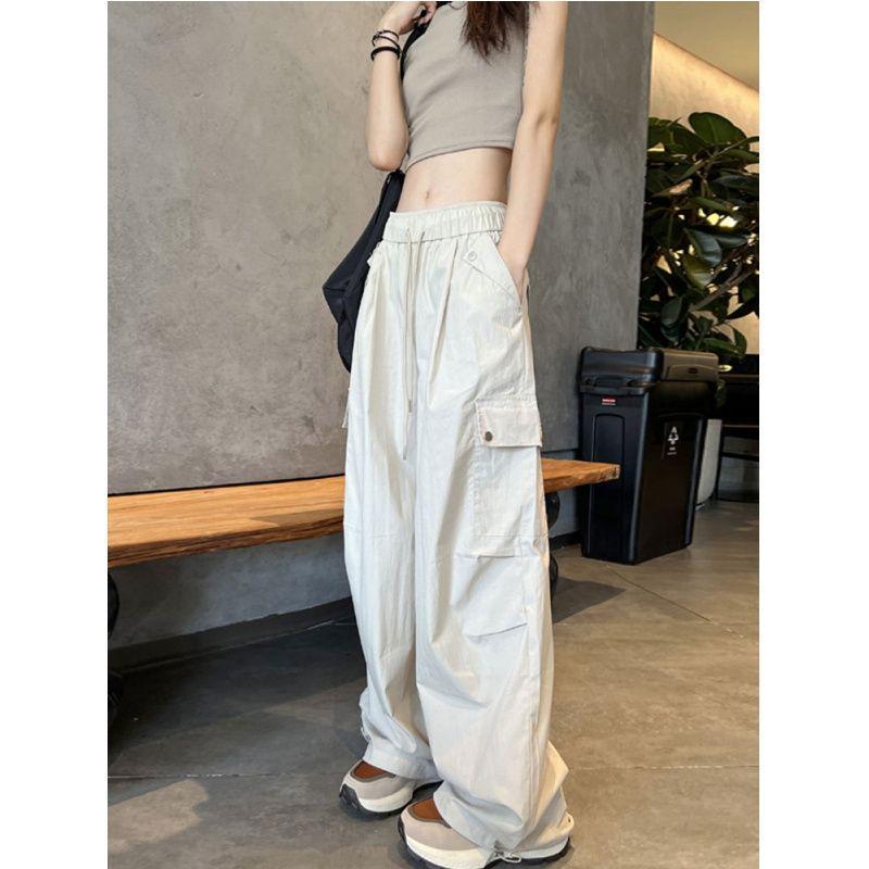 Women's American Spicy Girl Cargo Drawstring Wide Leg Casual Pants - Spring Loose Straight Leg Floor-Length Trousers