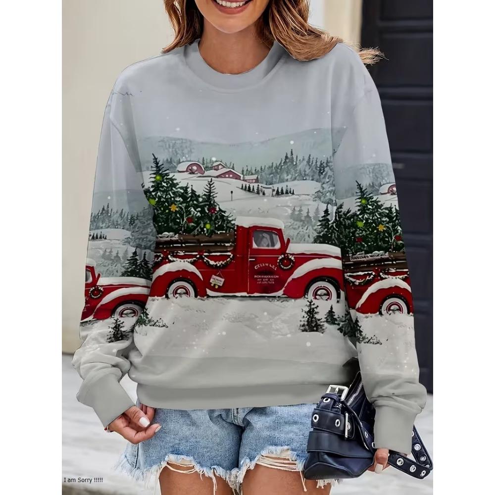 Women's long sleeved round neck casual hoodie, 3D Christmas element Santa Claus printed pullover, women's holiday party costume