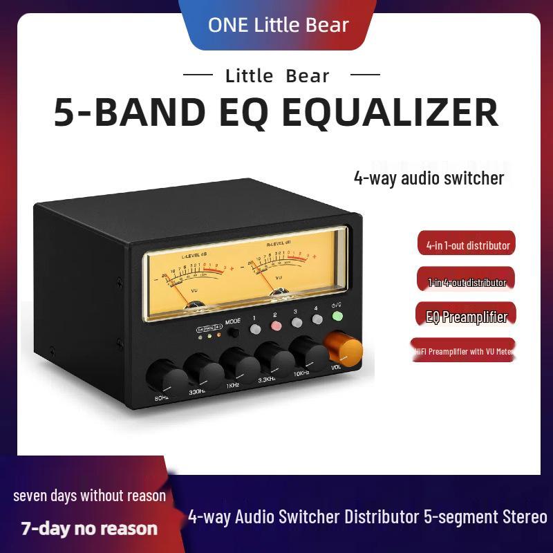 Little Bear D5 4-Way Audio Switcher with 5-Segment Stereo EQ & VU Meter HiFi Preamplifier