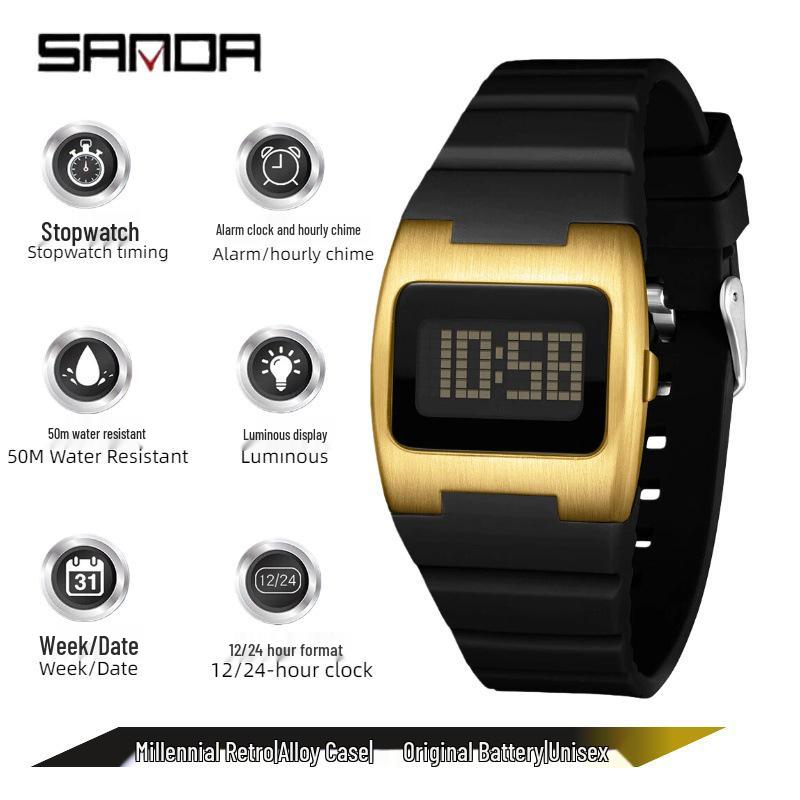 Sanda Retro Y2K Waterproof Square Wristwatch with Alarm - Unisex Multifunctional Design