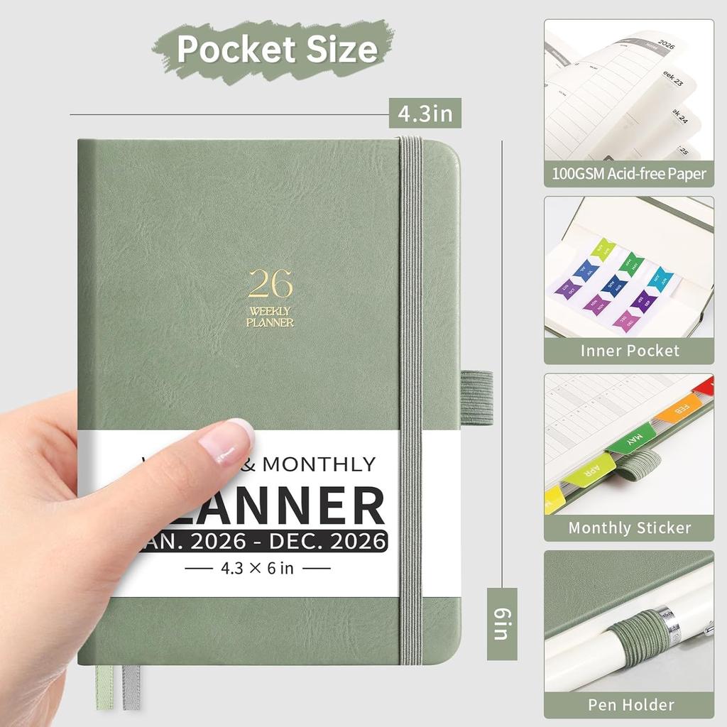 2026 Pocket Calendar for Purse - 4.3" x 6" A6 Small Mini Weekly and Monthly Planner, Jan-Dec 2026, 100GSM Thick Paper, Leather Hardcover, Colorful