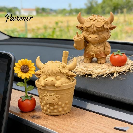 Desktop Landscaping Ornament 2Pcs Cute Highland Cow Figurine, 3D Printed Bubble Tea Statues, Handheld Drink Calf Summer Farmhouse Style Ornaments,