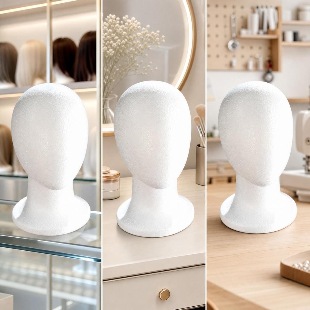 White Foam Mannequin Head with Round Base Smooth Faceless Neck