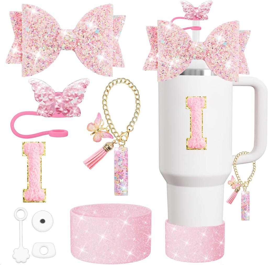 Set 8 buc Accesorii pentru Cană pentru Pahar Stanley 30oz 40oz Topper Paie Capac Acoperiș Boot, Dop Antivărsare Charm Autocolant Inițiale