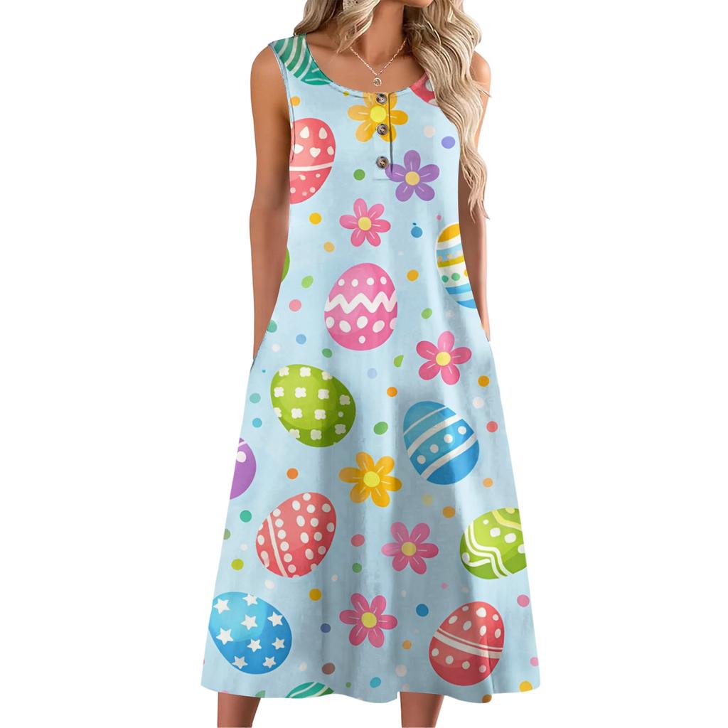 Women Fashion Casual Sleeveless Button Easter Print Dress With Pocket