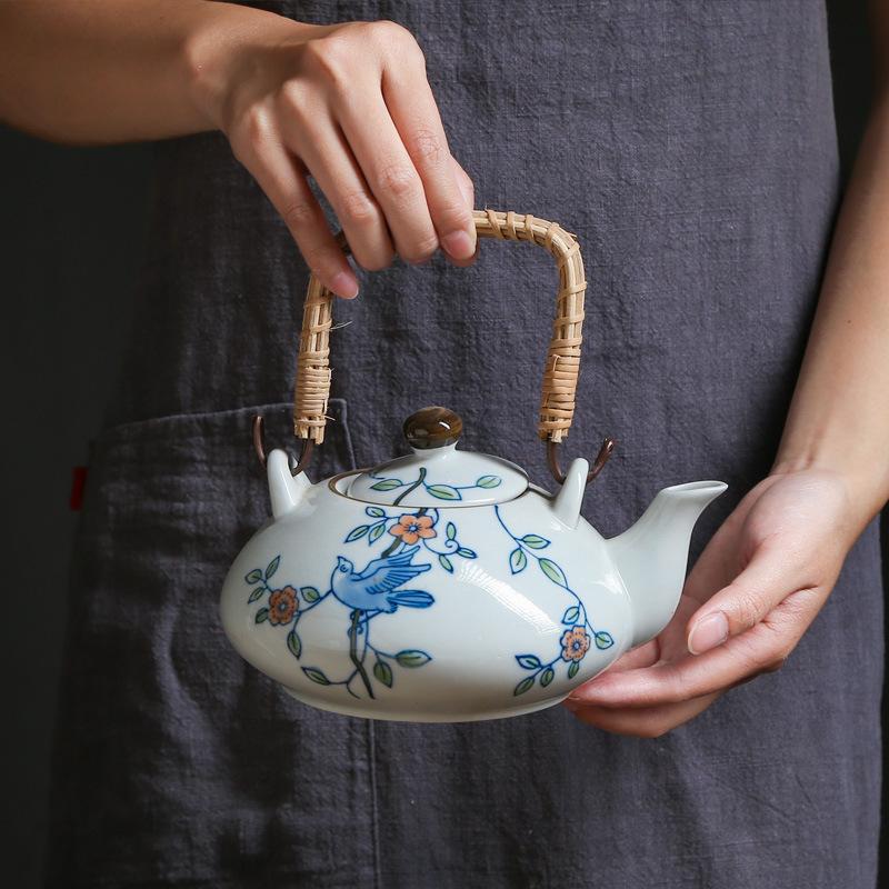 White Ceramic Porcelain Tea Set Flower and Bird Design 800ml Teapot with Handle (1 kettle + 4 teacups) Gift Box