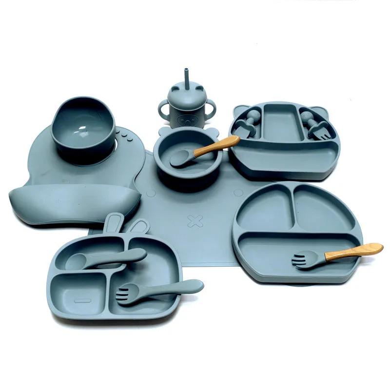 

Силіконові набори посуду дитяча тарілка для навчання їсти допоміжна миска дитячий набір виделка ложка сильне присмоктування запобігання падінню темно-синього кольору
