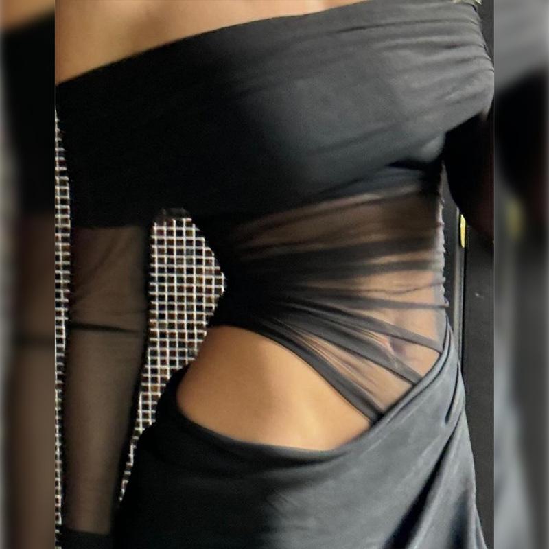 2025 Spring/Summer Women's One-Shoulder Mesh Patchwork Bodycon Dress
