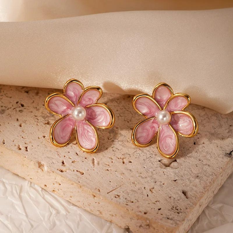 Vintage Smudging Enamel Pearl Drop Glaze Flowers Stud Earrings for Women Multi-colored Fashion Jewelry Accessories