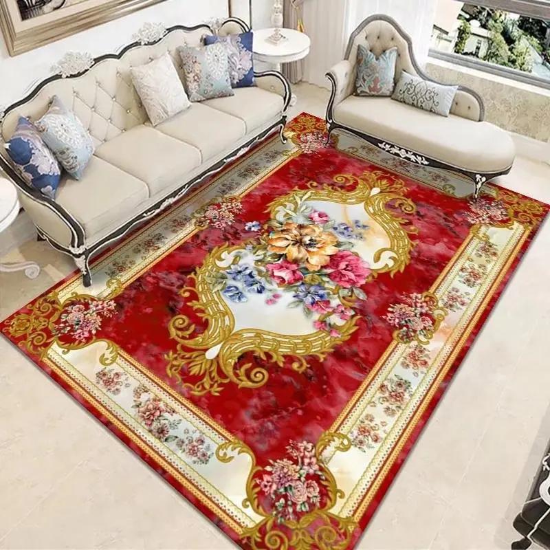 

Luxury European Style Flower Bedroom Decor Carpets Red Golden Retro 200x400 Living Room Area Rugs Anti-slip Lounge Floor Mat 100*160cm