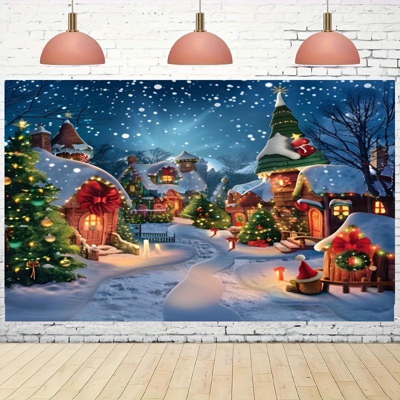 1 Banner de fundo para fotografia de Vila de Natal - Cena de inverno com neve de árvores de cedro, poliéster multiuso, multifuncional