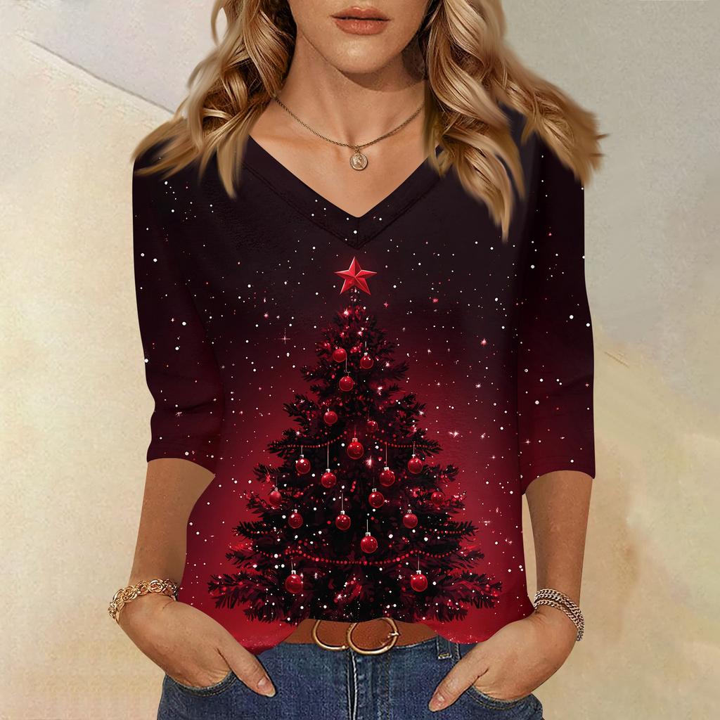 Women's T Shirt CHristmas Print 3/4 Sleeve Daily Weekend Fashion Basic V- Neck Regular Top
