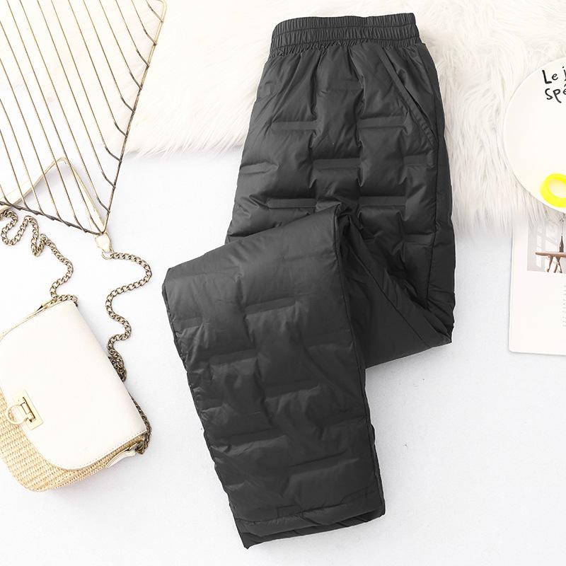 Vintage Quilted Pants Women Winter Warm Trouser Cotton-padded Pants Casual Design Pockets Elastic Waist Korean Chic Black Pants
