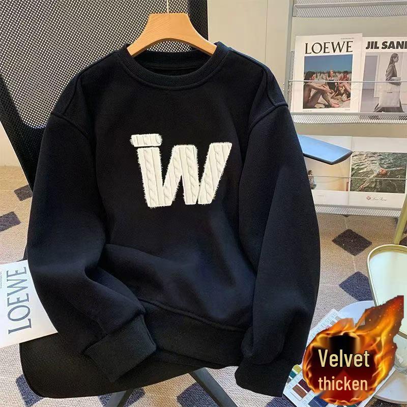 Men's 2025 Winter Trendy American Round Neck Plus Velvet Thick Hoodie – High Street Style Loose Fit Pullover