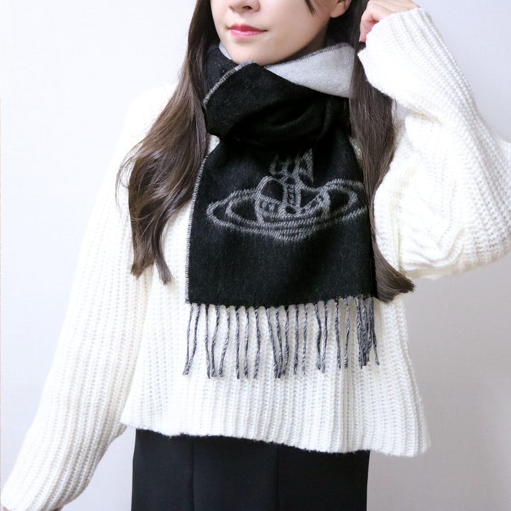 VIVIENNE WESTWOOD Big Logo Orb Scarf Fringe Wool Muffler (81030006-W00QL) 100% (Black)