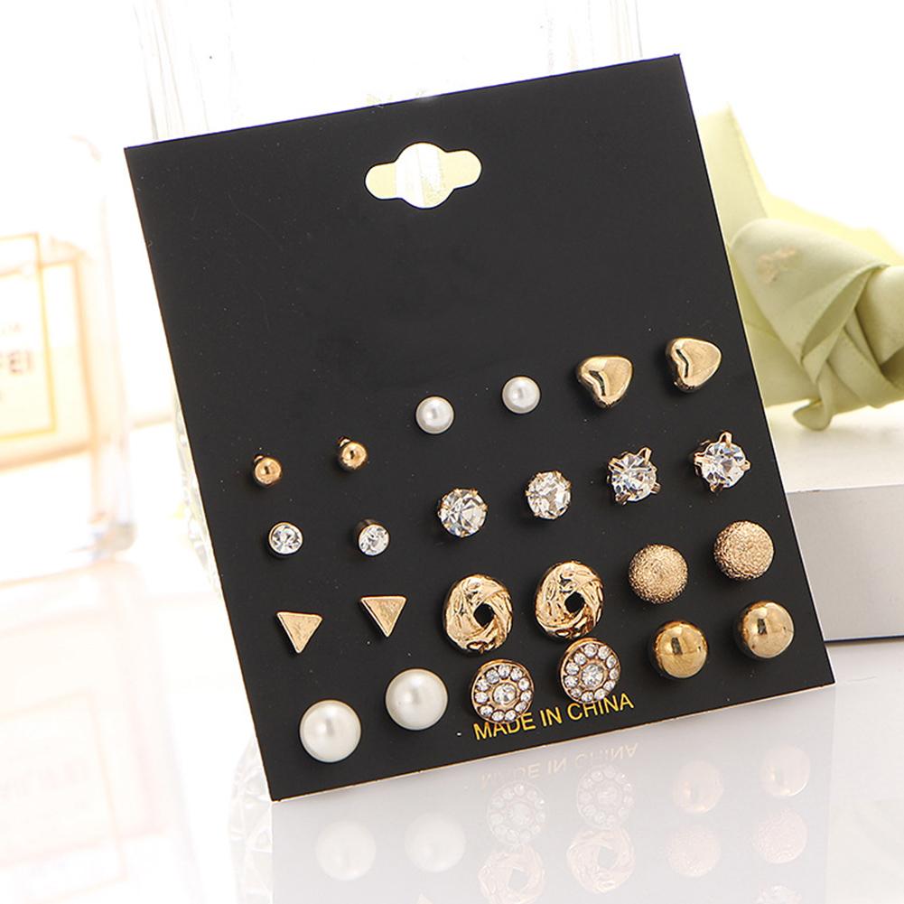 12 Pairs Women Round Crystal Love Shape Ear Stud Earrings Set