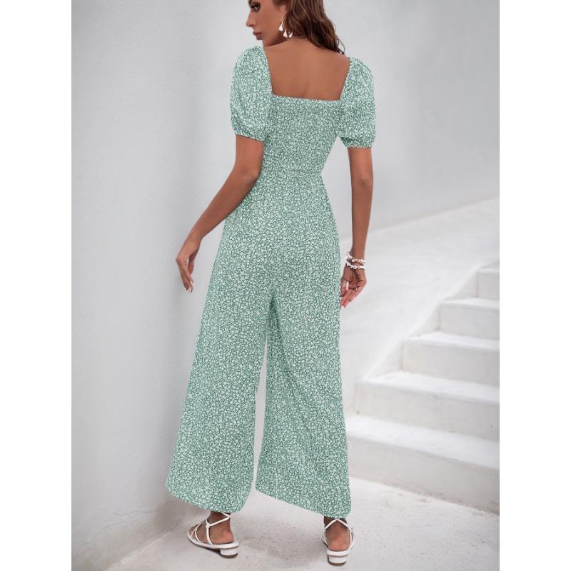 VEZFAA Women's Fashion Casual Summer Spring Short Sleeve Square Collar High Waist Trousers Jumpsuits & Rompers