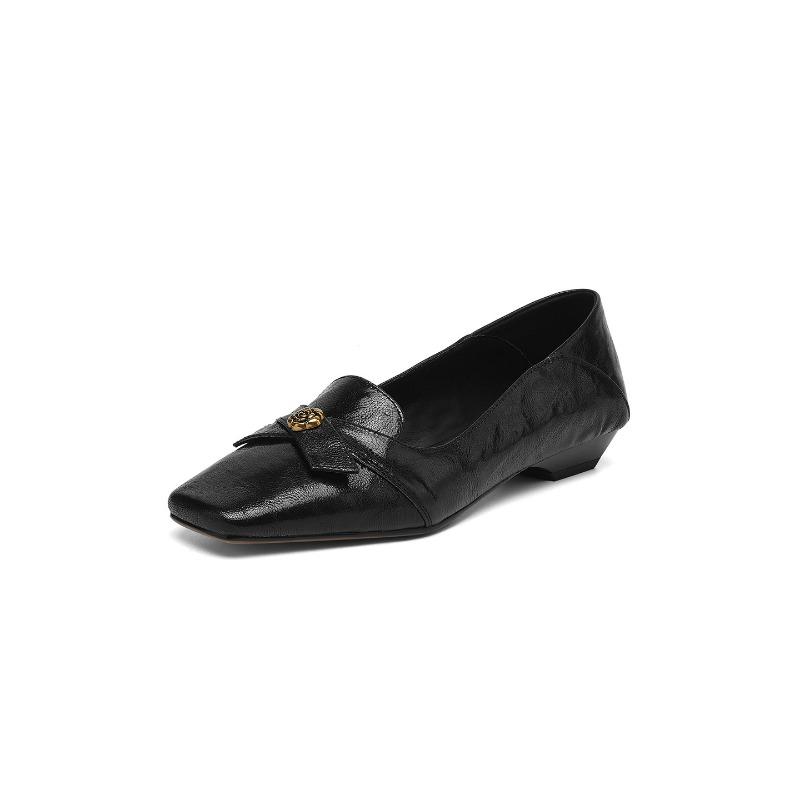 Cowhide version, genuine leather retro bow, one pedal, shallow mouth single shoes, women's camellia commuting small leather shoes