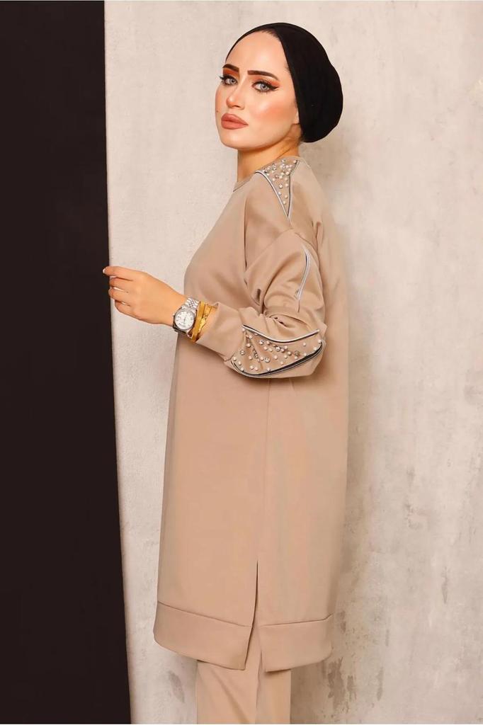 Damen Hijab Set mit langer Tunika und Hose, Perlen- und Reißverschlussdetails