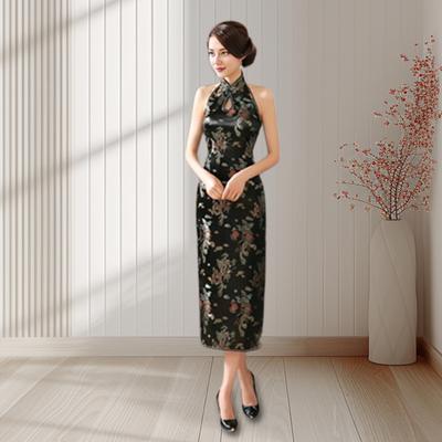 Ženy Léto Cheongsam Stojánek s límečkem Potisk na rameni Dělený lem na zádech Bez rukávů Vyhloubený Qipao Slim Fit Retro Čínský Banket