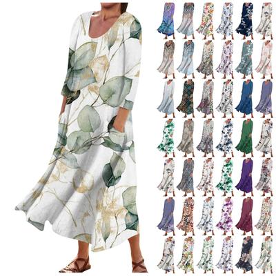Women's Fashion Casual Print Round Neck 3/4 Sleeve Loose Pocket Dress