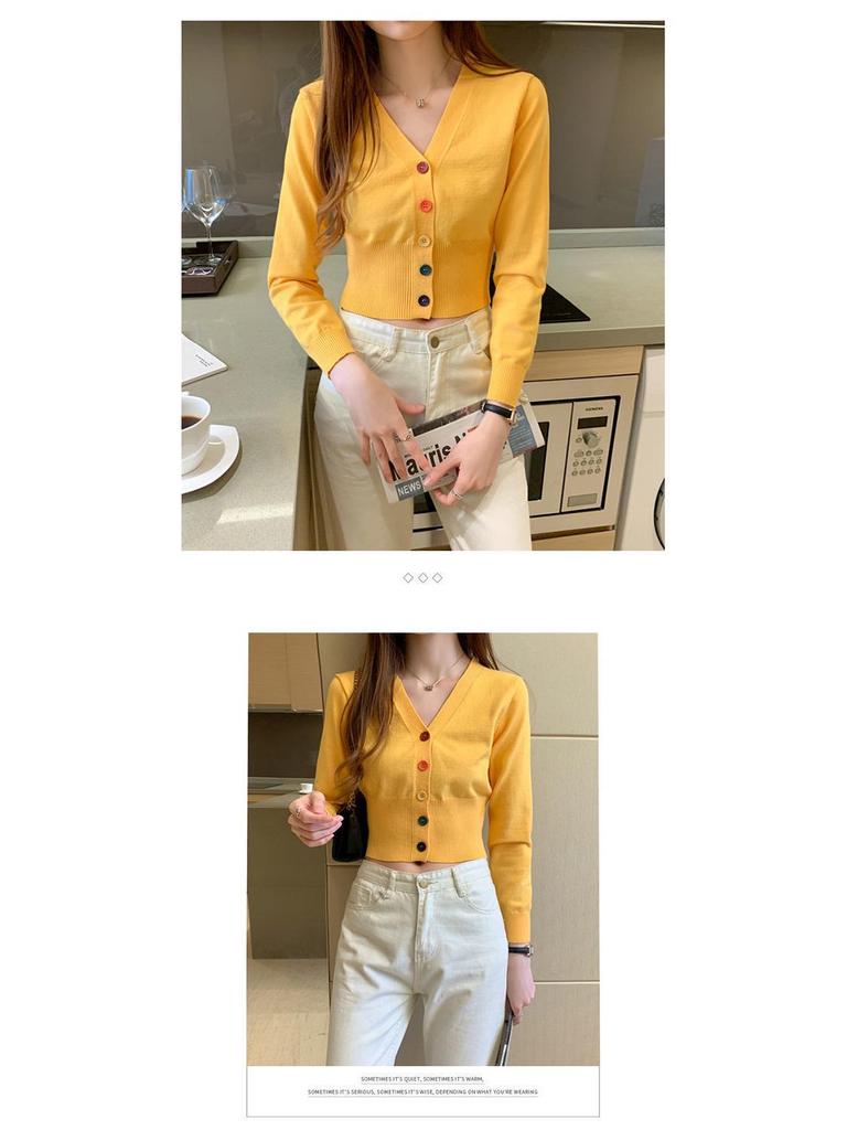 Women's Long Sleeve Slim Knit Cardigan with Colorful Buttons