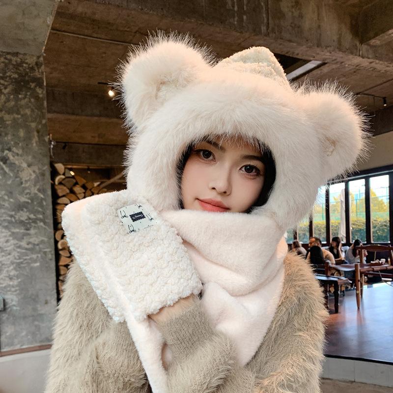 Cute hat winter plush integrated hat thickened warm ear protection versatile neck protection pullover hat women's fashion