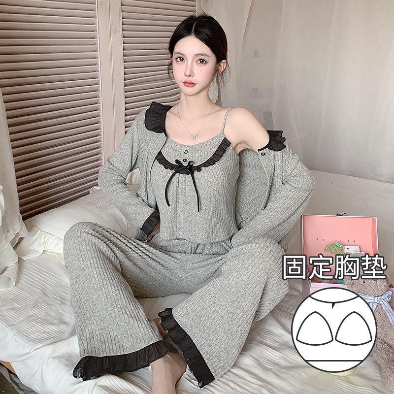 

Autumn new cashmere suspender long-sleeved pajamas bow three-piece set sexy loungewear set in stock M