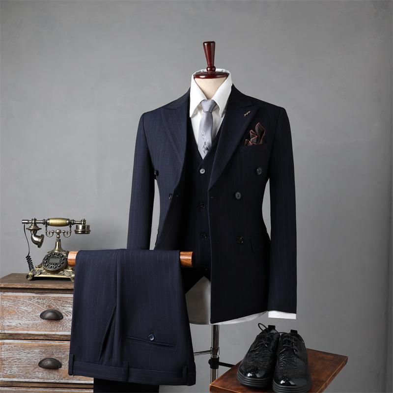 Men's Double-Breasted Striped Suit Set for Weddings & Business – Slim Fit Tuxedo & Formal Wear