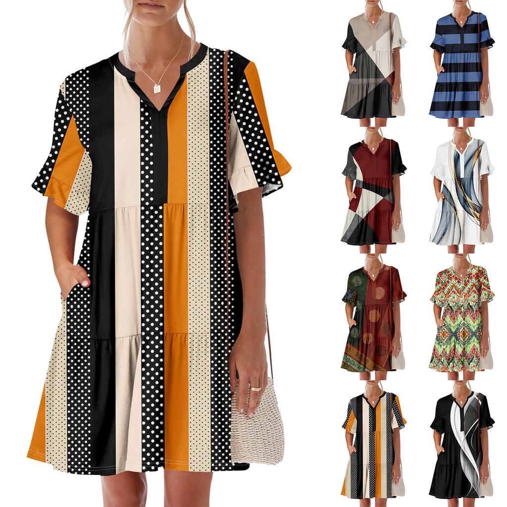 Womens Summer Dress Short Sleeve V Neck Short Dresses Fashion Casual Flowy Boho Ruffle A Line Swing Sundress With Pockets