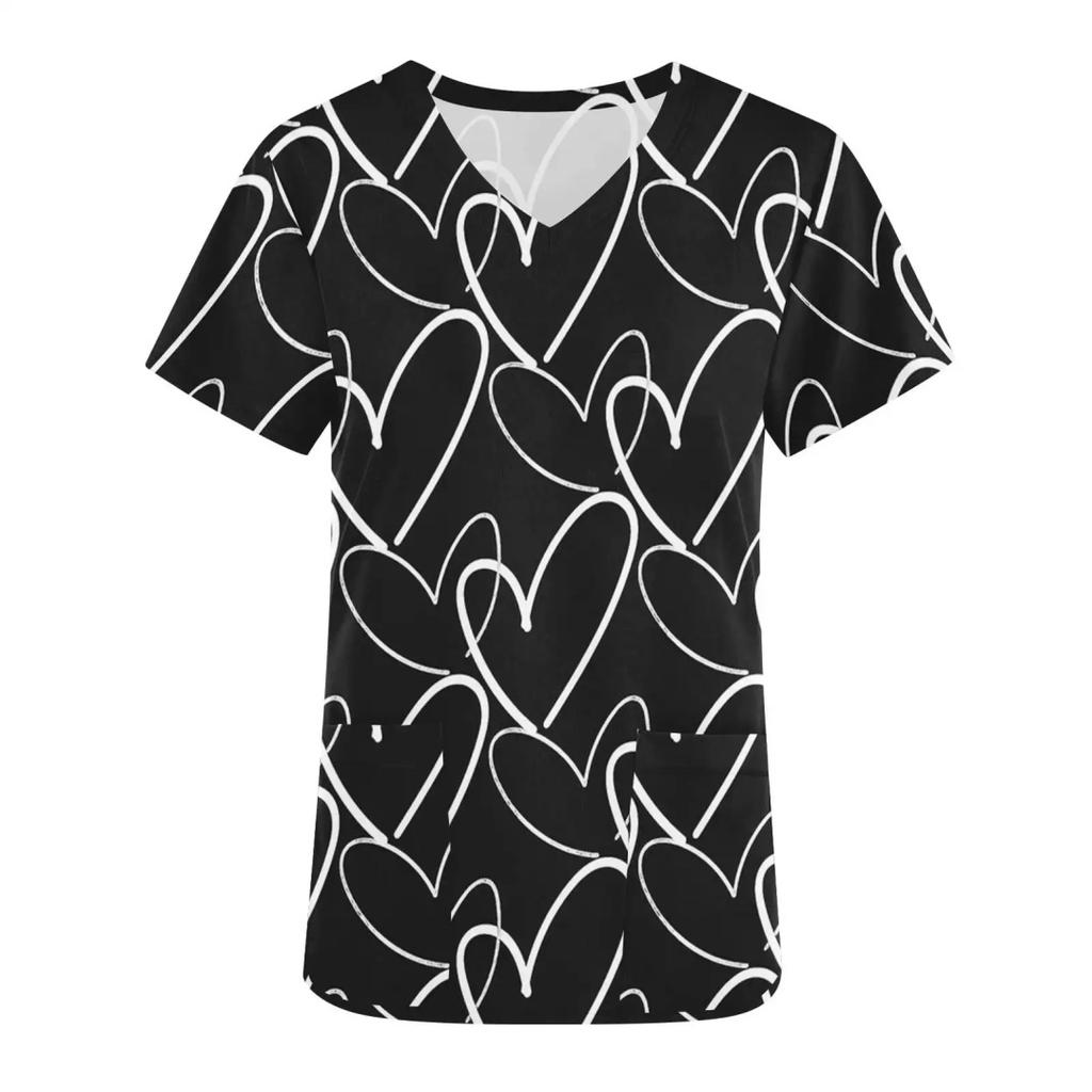 Women's Nursing Uniform with Romantic Heart Pattern Print Women's Short Sleeved Uniform Fashionable Casual and Comfortable