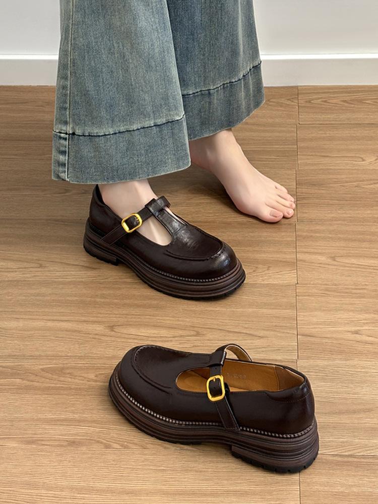 

Sheepskin version~ Genuine leather British platform black round head Mary Jane women s shoes thick heel retro French single shoes small leather shoes 40
