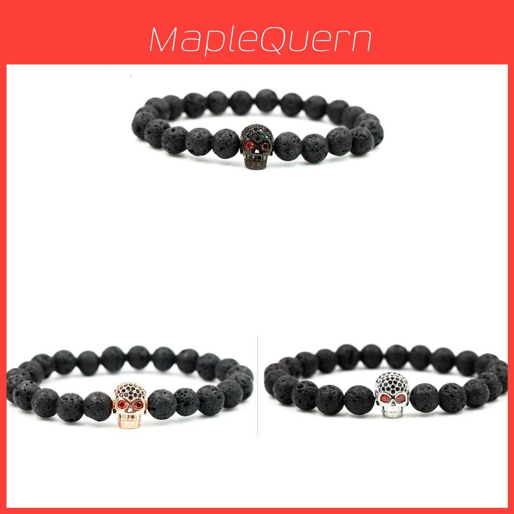Bracciale con Perle di Roccia Lavica Geometrica con Teschio Micro-incastonato in Zirconi per Uomo Donna Regalo
