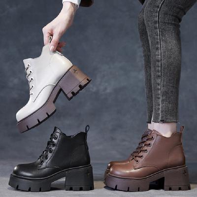 Brun Mykt Skinn Platform Ankelstøvletter Dame Glidelås i Siden Rund Tå Snøring Korte Støvletter Damer Britisk Stil Chunky Hæl Sko