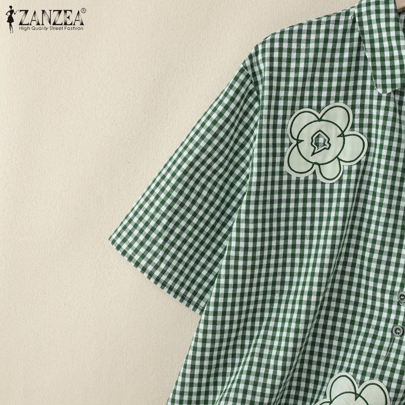 ZANZEA Women Turn Down Collar Loose Plaid Print Short Sleeve Blouse